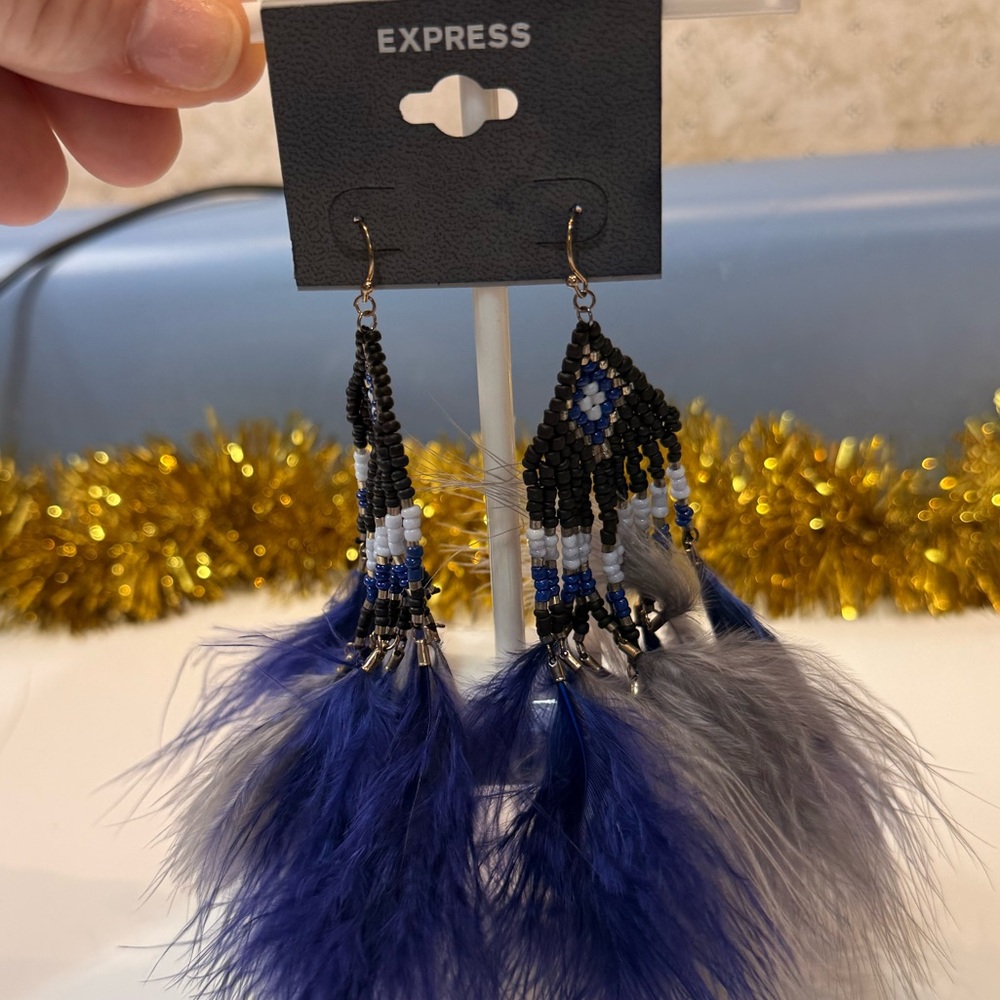 Express Midnight Blue and Charcoal Feather Earrings